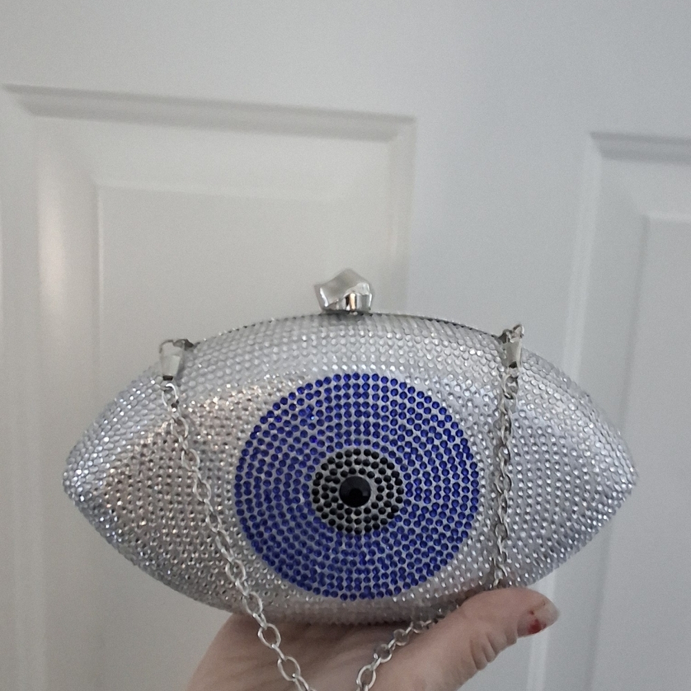 NEW Luxury Evil Eye Crystal Evening Clutch Bag Sparkling Rhinestone Hollow Metal - Picture 12 of 16